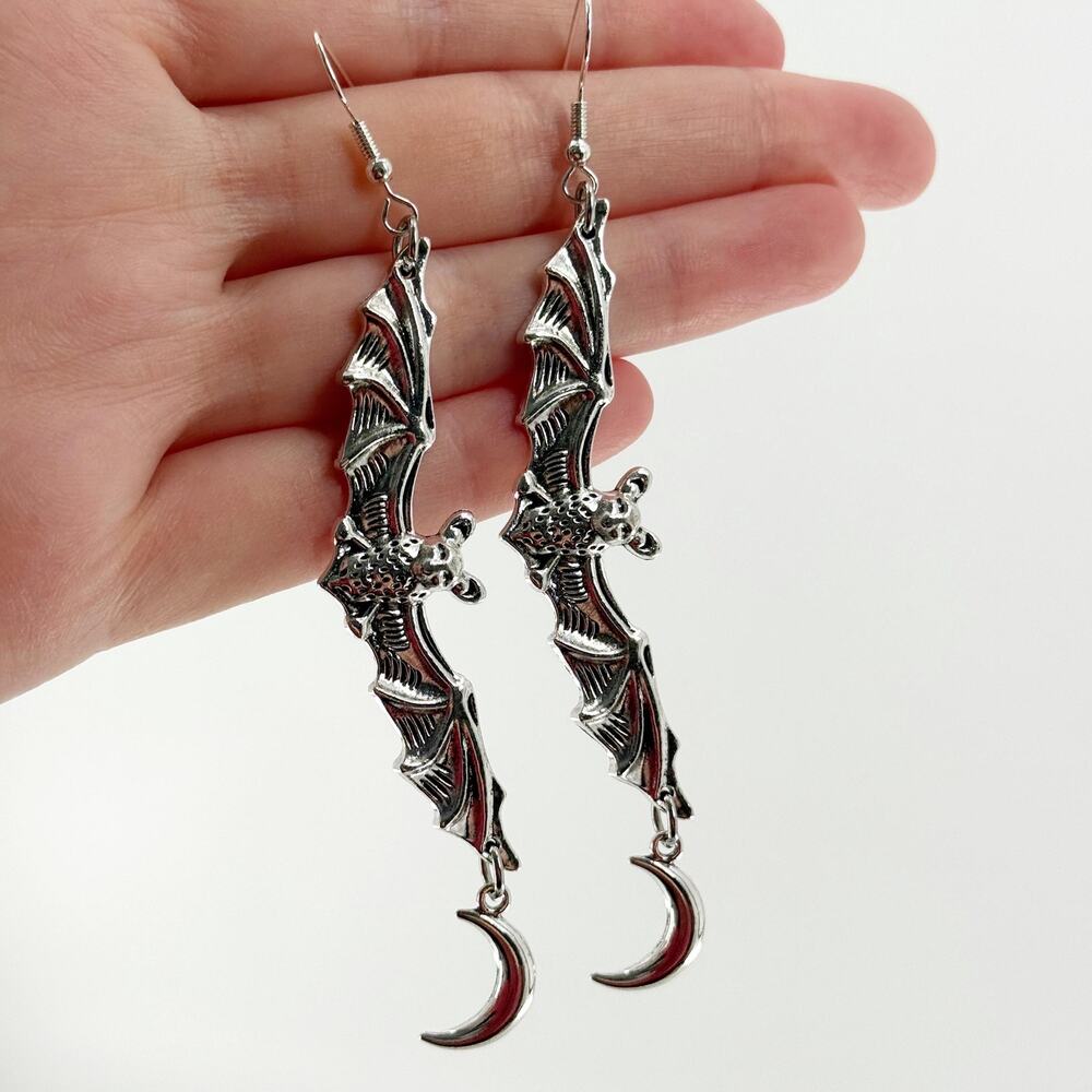 Extra Long Celestial Bat Dangle Earrings, Antique… - image 3